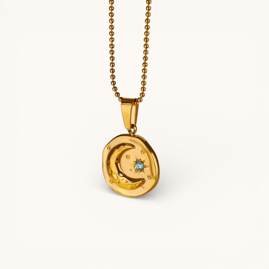 Collar Dorado Con Colgante Luna Y Estrella Brillante