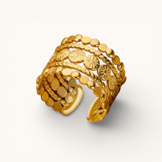 Anillo Ajustable Dorado Mujer Con Flores Grabadas